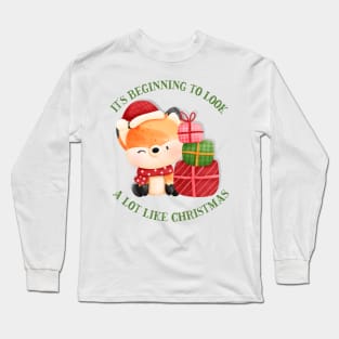 Cute Fox Wearing Santa Hat and Christmas Gifts Long Sleeve T-Shirt